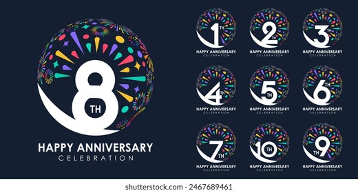 set of 1 to 10th anniversary logotype design, with colorful fireworks for celebration event, wedding, and birthday, vector illustration