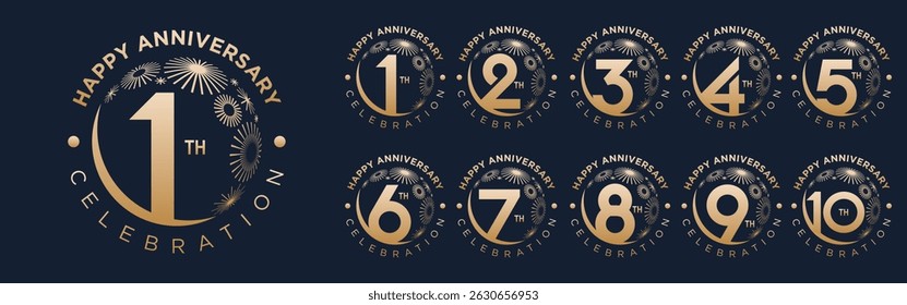 set of 1 to 10th anniversary logotype design, with golden fireworks for celebration event, wedding, and birthday, vector illustration