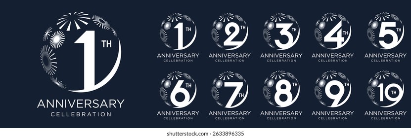 set of 1 to 10th anniversary logotype design, with white fireworks for celebration event, wedding, and birthday, vector illustration