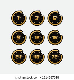 Set of 1, 3, 6, 9, 12, 16, 24, 48, 72 hours clock arrow. delivery service time icons.