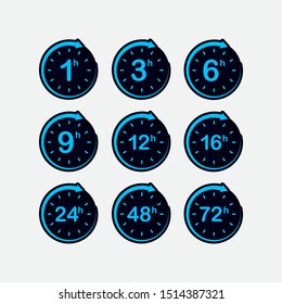 Set of 1, 3, 6, 9, 12, 16, 24, 48, 72 hours clock arrow. delivery service time icons.