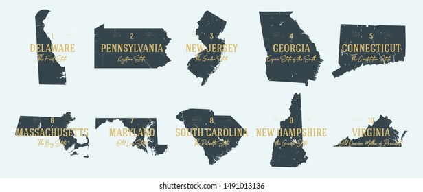 Set 1 of 5 Highly detailed vector silhouettes of USA state maps with names and territory nicknames