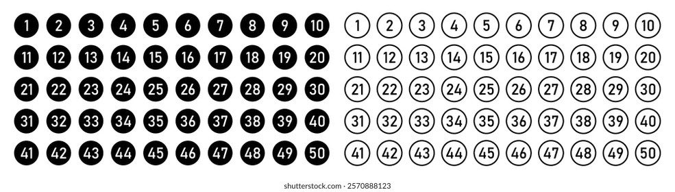 Set of 1 to 50 numbers simple design isolated. Typography set of rounds 1 to 50 Numbers. Bullet point number icons collection. Numeral typographic line and flat icons set. Vector illustration.