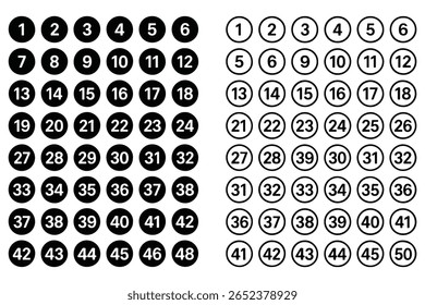 Set of 1 to 50 numbers simple design isolated. Typography set of rounds 1 to 50 Numbers. Bullet point number icons collection. Numeral typographic line and flat icons set. Vector illustration