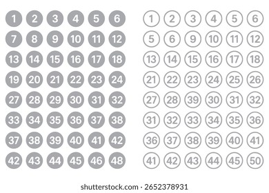 Set of 1 to 50 numbers simple design isolated. Typography set of rounds 1 to 50 Numbers. Bullet point number icons collection. Numeral typographic line and flat icons set. Vector illustration