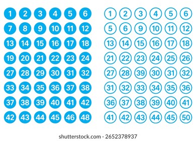 Conjunto de 1 a 50 números de diseño simple aislado. Conjunto de tipografía de rondas 1 a 50 Números. Iconos de número de punto de viñeta colección. Conjunto de iconos planos y líneas tipográficas numéricas. Ilustración vectorial