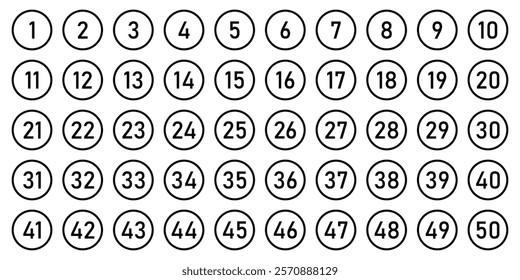 Set of 1 to 50 numbers. Typography set of rounds 1 to 50 Numbers. Numeral typographic line and flat icons set. Bullet point number icons collection. Vector illustration.