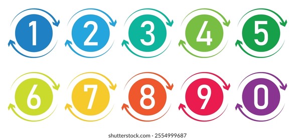 Set of 1 to 9 numbers in different color. Typography set of rounds 1 to 9 Numbers. Bullet point number with arrow icon collection. Numeral typographic icon set in different color. Vector illustration.