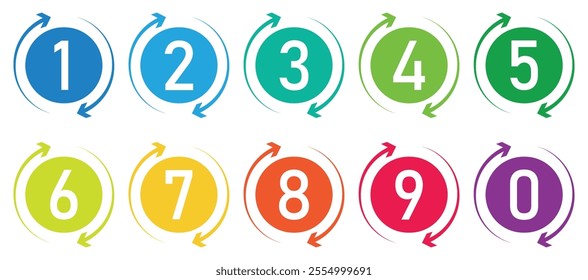 Set of 1 to 9 numbers in different color. Typography set of rounds 1 to 9 Numbers. Bullet point number with arrow icon collection. Numeral typographic flat icons set in color. Vector illustration.