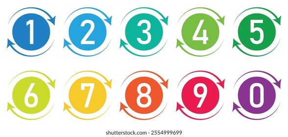 Set of 1 to 9 numbers in different color. Typography set of rounds 1 to 9 Numbers. Bullet point number with arrow icon collection. Numeral typographic icons set in colors. Vector illustration.