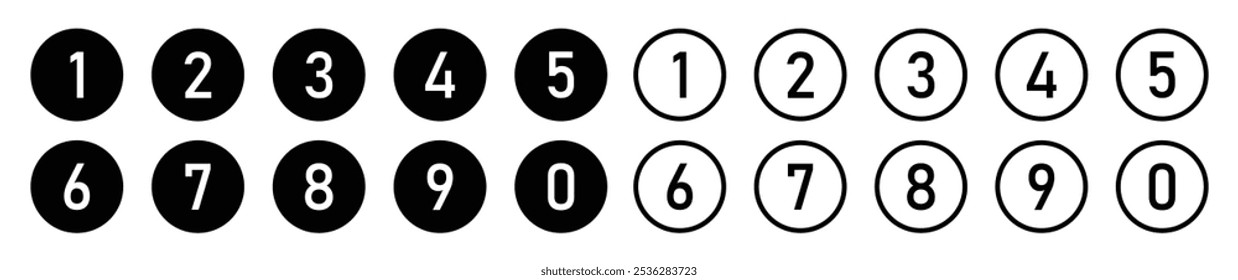 Set of 1 to 9 numbers simple design isolated. Typography set of rounds 1 to 9 numbers. Numeral typographic line and flat icons set. Bullet point number collection. Vector illustration.