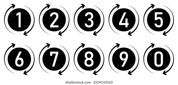 Set of 1 to 9 numbers simple design isolated. Typography set of rounds 1 to 9 Numbers. Bullet point number with arrow icon collection. Numeral typographic line and flat icons set. Vector illustration.