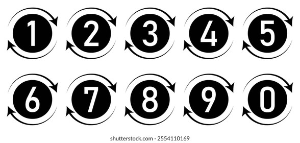 Set of 1 to 9 numbers simple design isolated. Typography set of rounds 1 to 9 Numbers. Bullet point number with arrow icon collection. Numeral typographic line and flat icon set. Vector illustration.