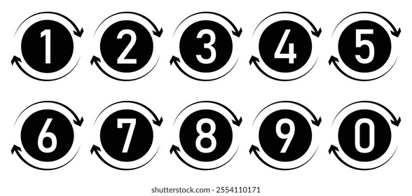 Set of 1 to 9 numbers simple design isolated. Typography set of rounds 1 to 9 Numbers. Bullet point number with arrow icon collection. Numeral typographic flat icons set. Vector illustration.