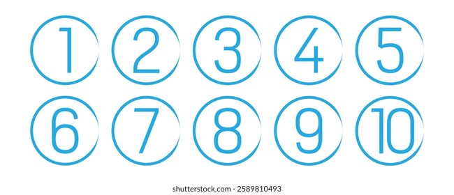 Set of 1 to 9 numbers simple design isolated. Typography set of rounds 1 to 9 Numbers. Numeral typographic line and flat icons set. Bullet point number icon collection. Vector illustration in eps 10.