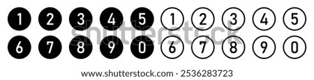 Set of 1 to 9 numbers simple design isolated. Typography set of rounds 1 to 9 numbers. Numeral typographic line and flat icons set. Bullet point number collection. Vector illustration.