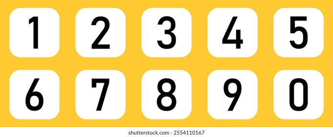 Set of 1 to 9 numbers vector icon set isolated on a yellow background. Bullet point number icon collection. Typography set of round 1 to 9 Numbers. Numeral typographic symbol. Vector illustration.