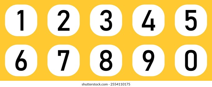 Set of 1 to 9 numbers vector icon set isolated on a yellow background. Typography set of rounds 1 to 9 Numbers. Bullet point number icon collection. Numeral typographic icons set. Vector illustration.