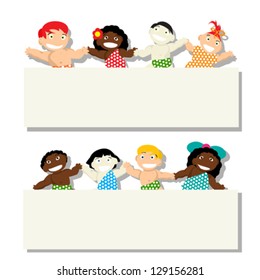 Set 1 of babies of different ethnicity with banner, isolated objects on white background. Vector cartoons.