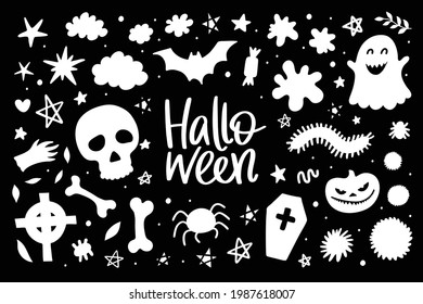 Set 1 with black and white hand drawn trick or treat Halloween illustrations, silhouettes. Vector doodle elements and lettering