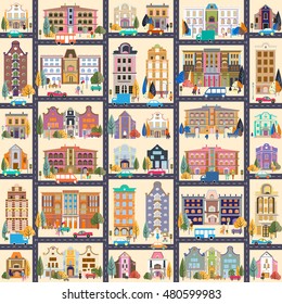 Set 1 of buildings in style small business Flat design Seamless pattern infographics architecture cartoon town background image cover backdrop street city wallpaper urban map bus car road people 