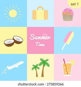 Set #1. Collection of colorful icons for summer, traveling and vacation. Sun, travel bag, cupcake, coconuts, ice cream, plane, palms, iced juice.