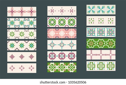 Set 1 of Colorfull Azulejos Border-Patterns Lisbon. Set  of Tile Floor Oriental Spain Collection / Portugal Geometric Ceramic Design Tile. Vintage Illustration  templates.