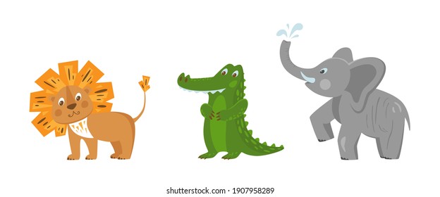 Set 1 of cute animals collection: lion, crocodile, elephant. African animals for kid's education