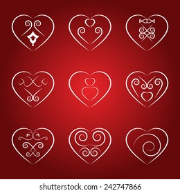 Set 1 of decorative heart, calligraphic elements on Valentine's Day