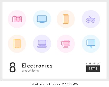 Set 1 of electronics, product icons on the white background. Universal linear icons to use in web and mobile app.