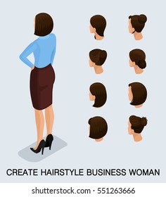 Set 1 Fashion isometric 3D business lady, a set of women's haircuts, styling, hair, hair color. Rear view isolated on a light background. Vector illustration