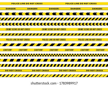 Set 1. Fencing tapes 50 mm wide. Black and yellow stripes vector police tape. Vector illustration.