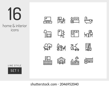 Set 1 of home room types on the white background. Home and interior linear icons to use in web and mobile app.