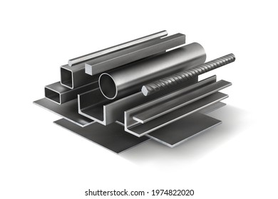 Set 1 of metal parts for metal structures. 3d vector illustration