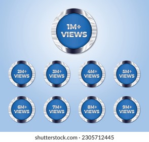 Set of 1 million views to 9 million views blue crystal metal badge sticker clipart vector illustration
