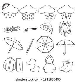 Set of 1 outline icon representing rain illustration. Simple symbols of rain, raincoat, water, umbrella, boots