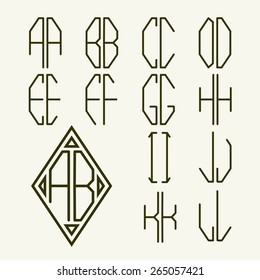 Set 1 of templates of letters to create a two-letter monogram inscribed in rhombus in the Art Nouveau style