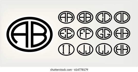 Set 1 of templates from two capital letters inscribed in a oval. From wide lines of the same thickness. To create logos, emblems, monograms. Lineart style.