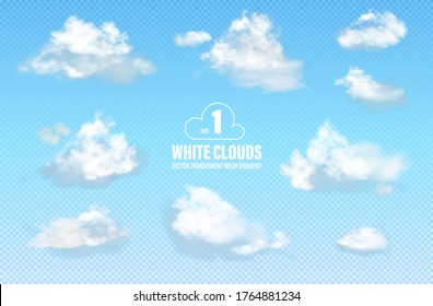 Set 1 of transparent different clouds isolated on blue background. Real transparency effect. Vector illustration EPS10