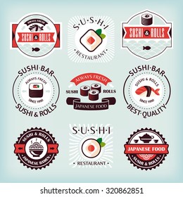 Set 1 of various sushi labels vector illustration