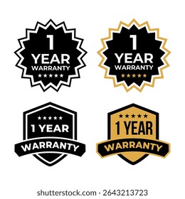 Set of 1 Year Warranty Badge Icons in Black and Gold Style