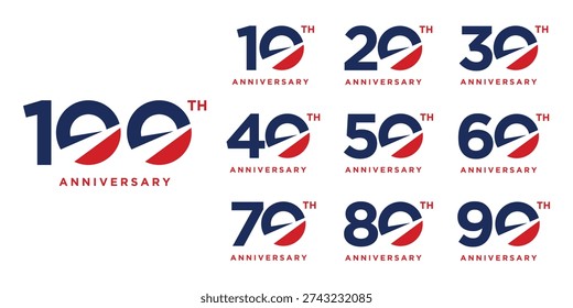 Set of 10 to 100 anniversary celebration logo design, Number text 10 to 100 years bithday party festival holiday logo icon concept