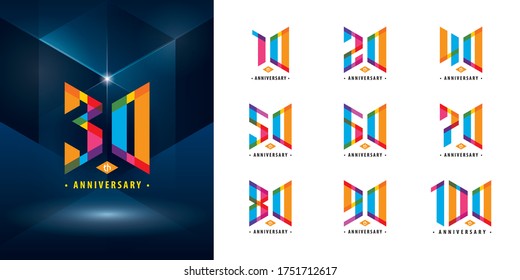 Set of 10 to 100 Anniversary logotype design, Years Celebrate Anniversary Logo, Abstract Colorful Hexagon logo for Congratulation celebration event, invitation, greeting, Force, army, power, academy