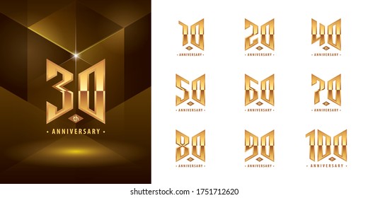 Set of 10 to 100 Anniversary logotype design, Years Celebrate Anniversary Logo, Abstract golden Hexagon logo for Congratulation celebration event, invitation, greeting, Force, army, power, academy