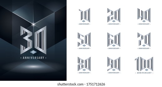 Set of 10 to 100 Anniversary logotype design, Years Celebrate Anniversary Logo, Abstract silver Hexagon logo for Congratulation celebration event, invitation, greeting, Force, army, power, academy