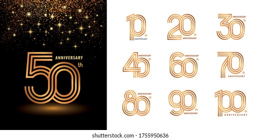 Set of 10 to 100 Anniversary logotype design, Years Celebrate Anniversary Logo silver and golden for Celebration event, invitation, greeting, web template, Flyer and booklet, Infinity logo vector.