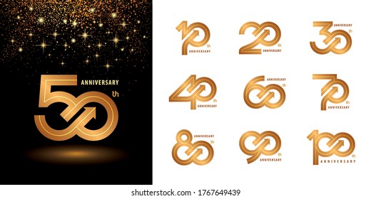 Set of 10 to 100 Anniversary logotype design, Years Celebrate Anniversary Logo silver and golden for Celebration event, invitation, greeting, template, Flyer and booklet, Arrow Infinity logo vector.