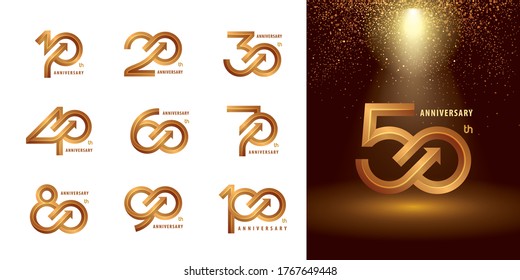 Set of 10 to 100 Anniversary logotype design, Years Celebrate Anniversary Logo silver and golden for Celebration event, invitation, greeting, template, Flyer and booklet, Arrow Infinity logo vector.