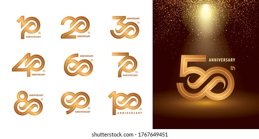 Set of 10 to 100 Anniversary logotype design, Years Celebrate Anniversary Logo silver and golden for Celebration event, invitation, greeting, template, Flyer and booklet, Arrow Infinity logo vector.