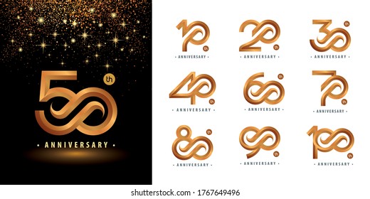 Set of 10 to 100 Anniversary logotype design, Years Celebrate Anniversary Logo silver and golden for Celebration event, invitation, greeting, template, Flyer and booklet, Arrow Infinity logo vector.